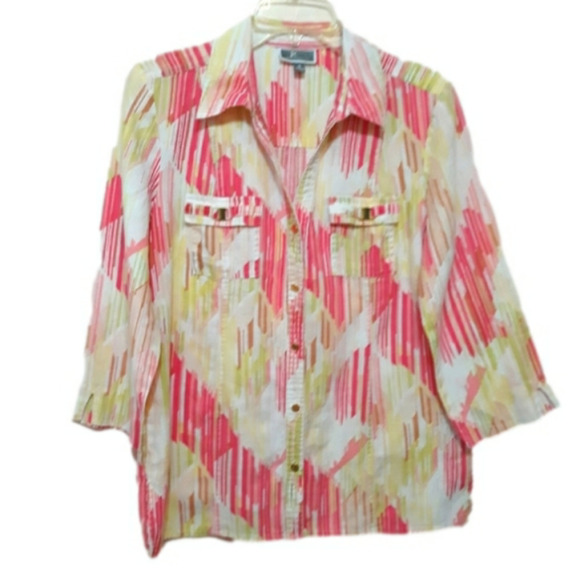 JM Collection 100% linen 3/4 Sleeve Printed Button Down Shirt size 10 - Picture 1 of 10